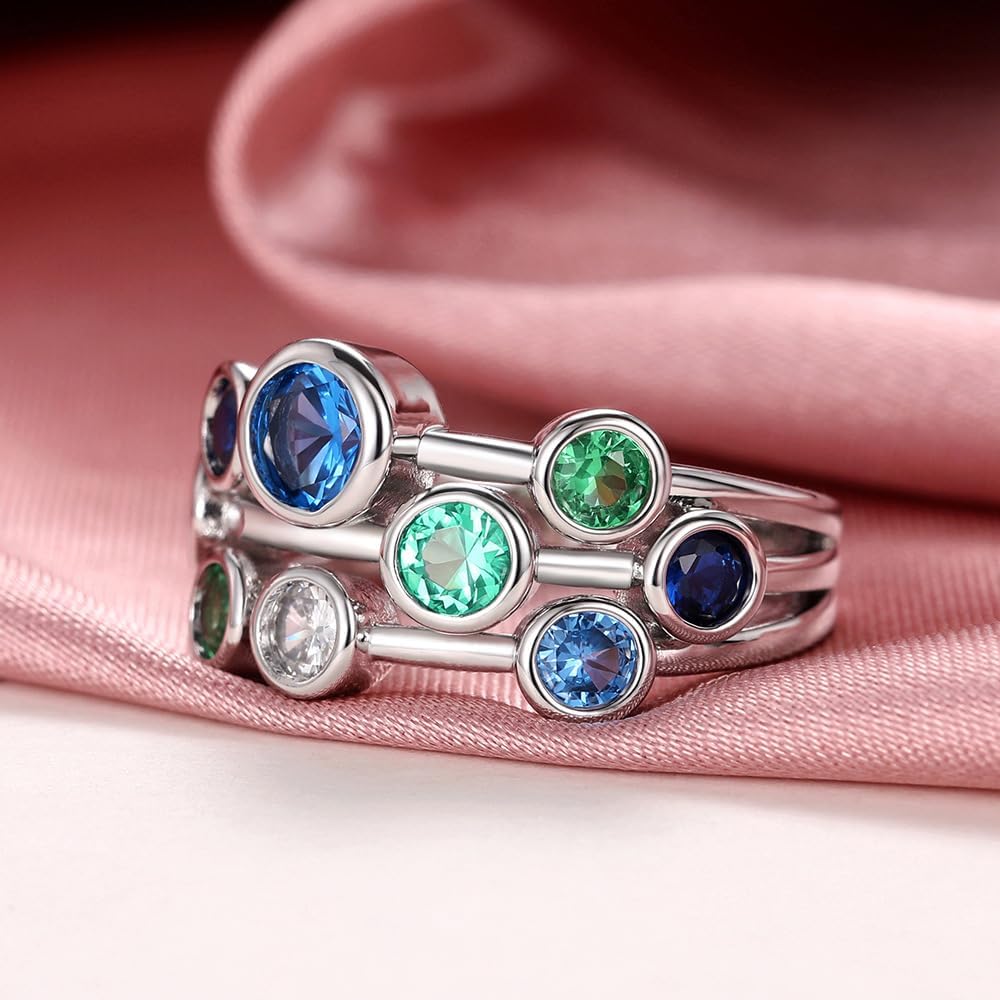 925 Sterling Silver Geometry Gemstone Ring Inlay Nine Blue Green Clear Round Cut AAA Cubic Zirconia CZ Cocktail Ring Eternity Jewelry Gift Rings Band for Women(8) - Image 5
