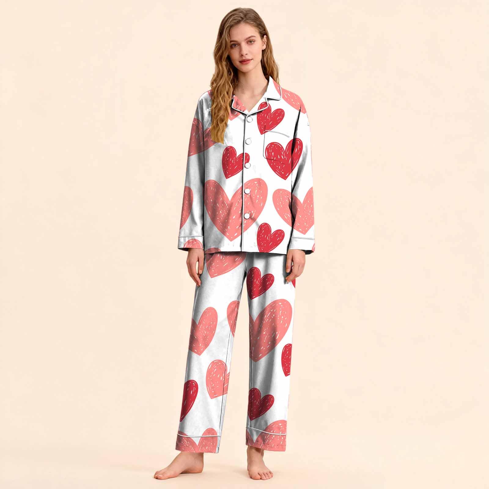 Ensemble de pyjama long pour femme avec motif - Pyjama multicolore - Deux pièces | Ensemble de nuit soyeux ultra doux à manches longues à revers, chemisier simple boutonnage et pantalon long ample avec poches