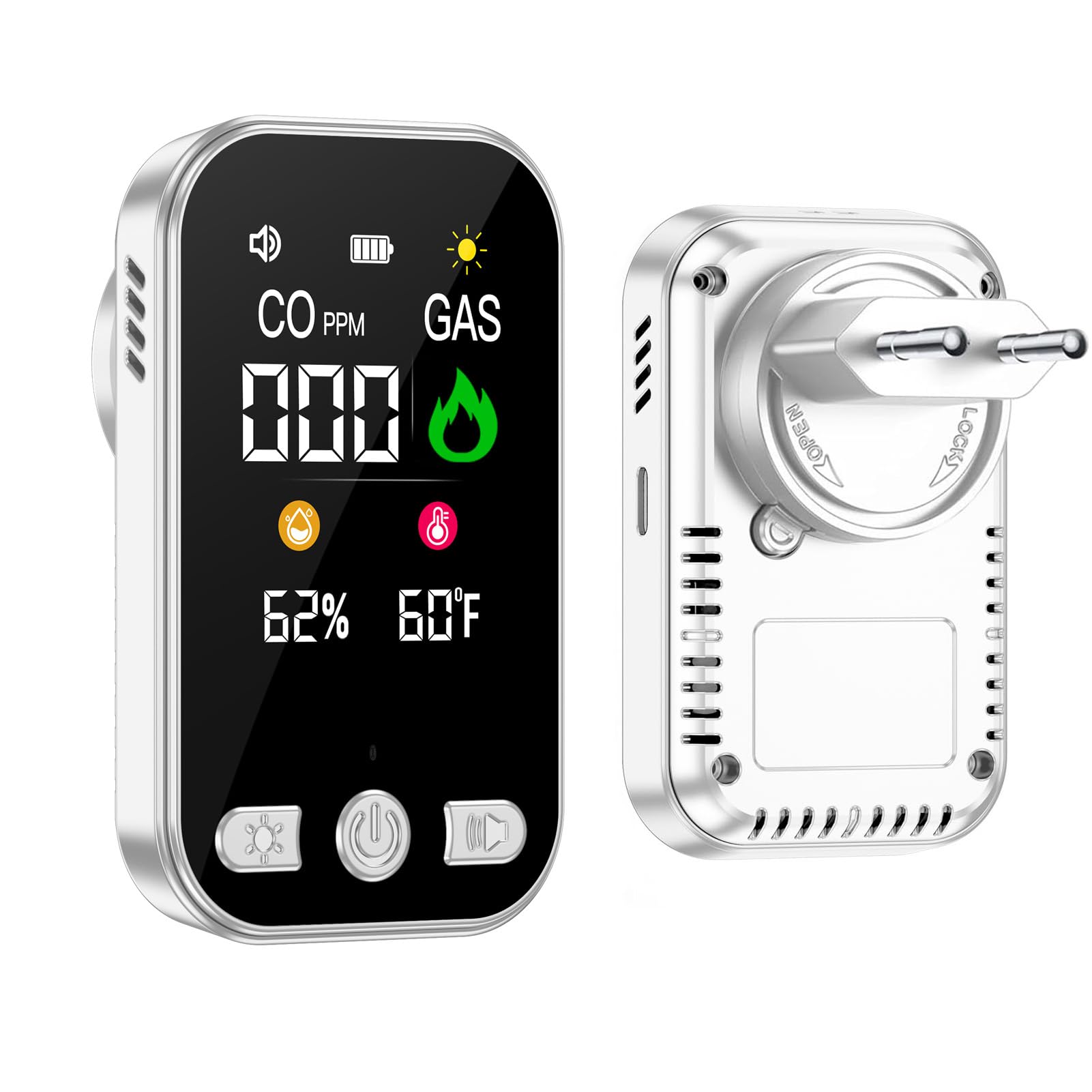 Wolf Guard 4 in 1 Rilevatore di Gas e Monossido di Carbonio con Spina per Casa, Rivelatore di Gas Combustibile per Gas Naturale LPG Metano Propano Butano, con Batteria, HD12 (bianco)