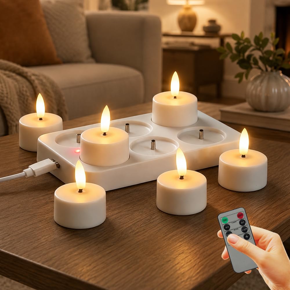 JYQOQH Rechargeable Tea Lights, 6pcs LED Tea Lights, Rechargeable Candles with Remote Timer, Base, Battery Tea Light, Fake Candles, for Home Wedding Halloween Christmas Party Birthday Decorations