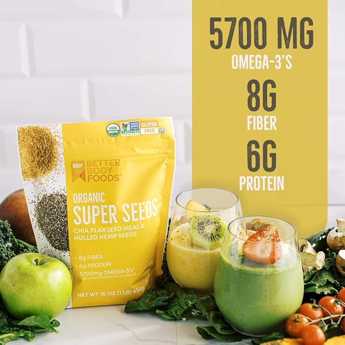 BetterBody Foods Superfood Organic Super Seeds is a blend of three nutrient-packed super seeds: organic chia seeds, milled flax seed, and hemp hearts. Each 1lb package contains 16 oz of this powerful super seed blend. This product is organic and free from any additives or preservatives, making it a clean and wholesome addition to your diet.
