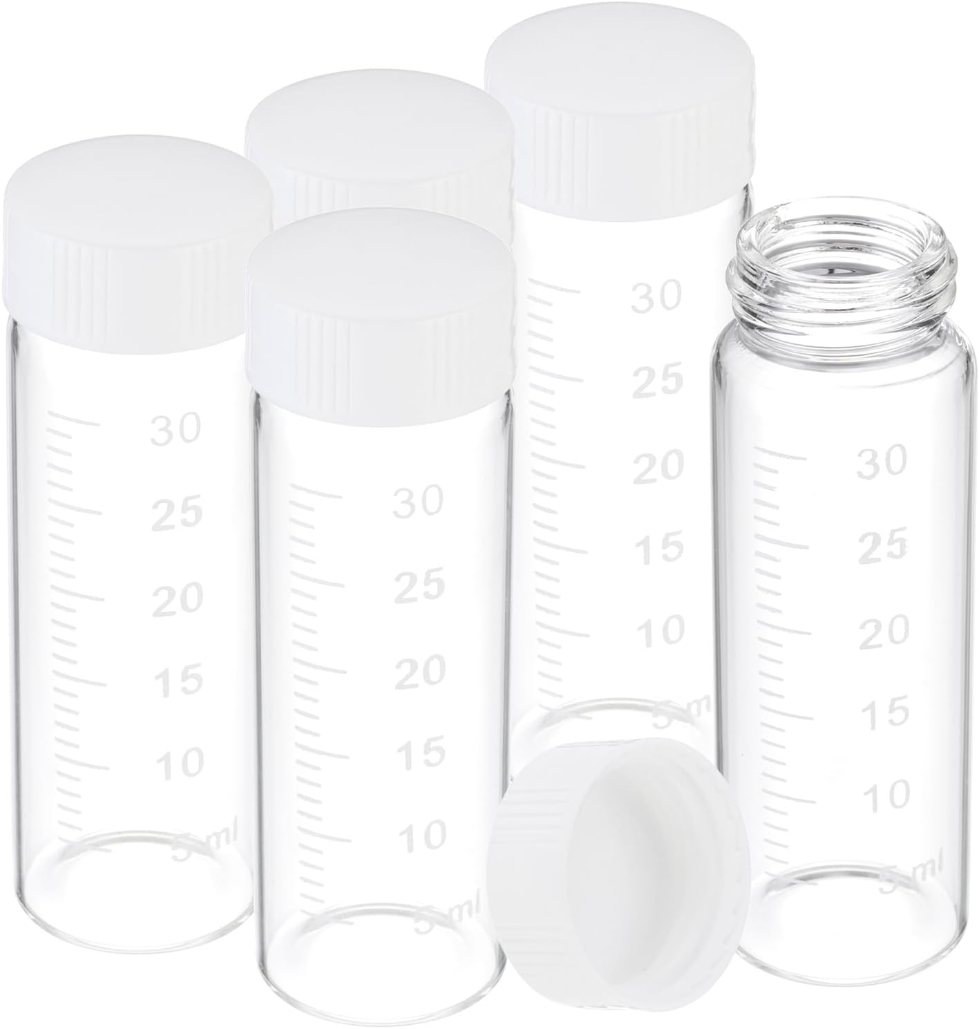 PATIKIL Small Glass Sample Bottles with Lids, 5 Pcs 30ml Clear Glass Vials with White Screw Caps Mini Leak Proof Reagent Sealed Bottles with Scale for Solid Liquid Powder Storage