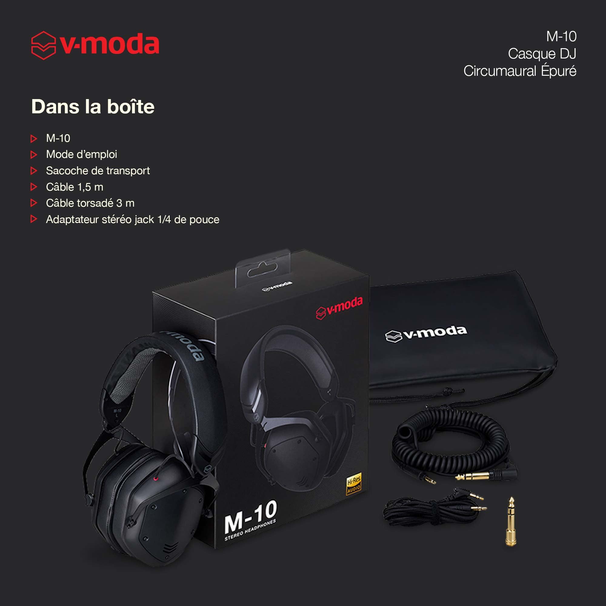 V-Moda M-10 | Casque circumaural épuré pour DJ | Conçu pour Les DJs et Les musiques rythmées | des Basses Profondes avec des aigus clairs | Ecouteurs en Mousse à mémoire de Forme | Structure fermée