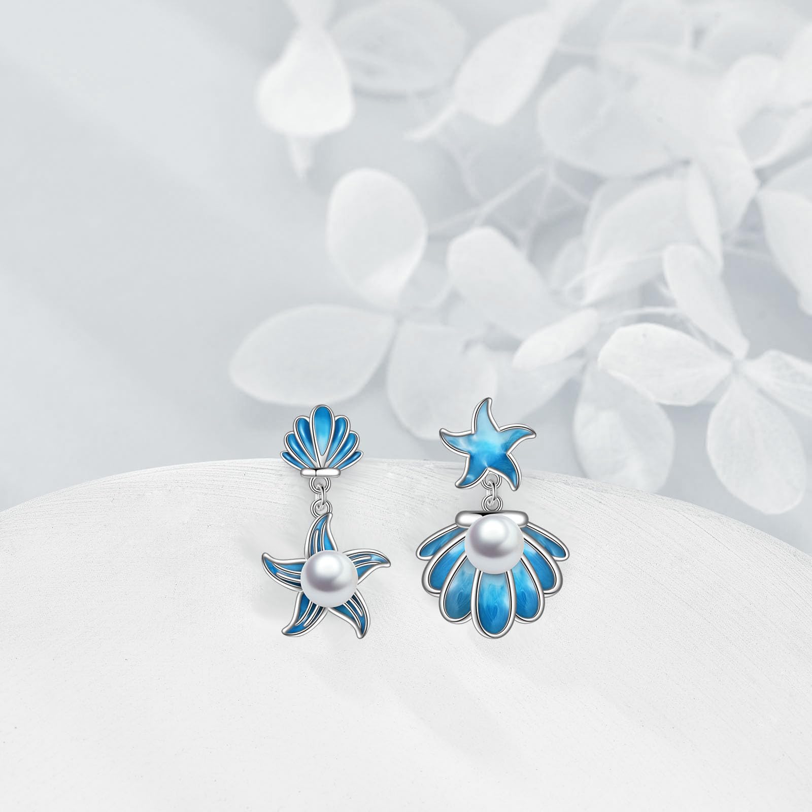 YFN Pendientes de playa con estrella de mar para mujer, plata de ley, conchas marinas, perlas, cierre de palanca, joyería oceánica, regalo, Plata de ley, Sin piedra preciosa