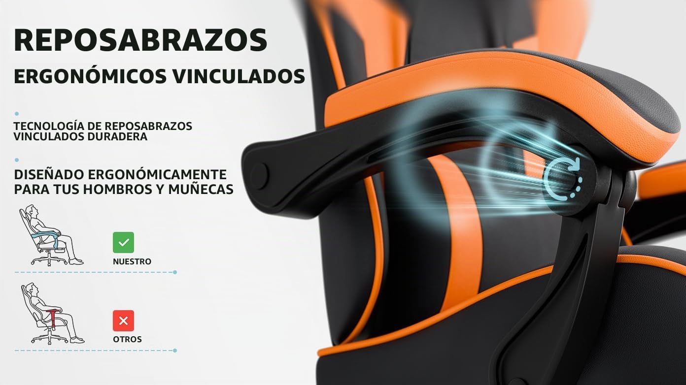 Silla ergonómica para videojuegos, con reposapiés, reposabrazos ajustables, silla de oficina, silla ergonómica para ordenador con soporte lumbar, color negro y naranja