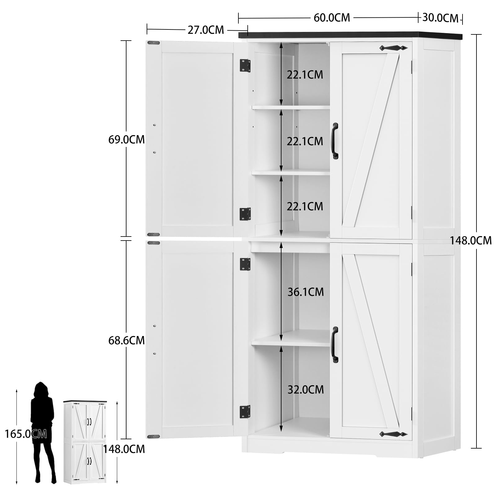 TEENFON 148 cm Alacena de Cocina, Armario de Cocina con 4 Puertas de Granero, Armario Alto con 2 Estantes Fijos & 1 Estantes Ajustables, para Comedor, Sala de Estar, Baño - 60 x 30 x 148 cm - Blanco