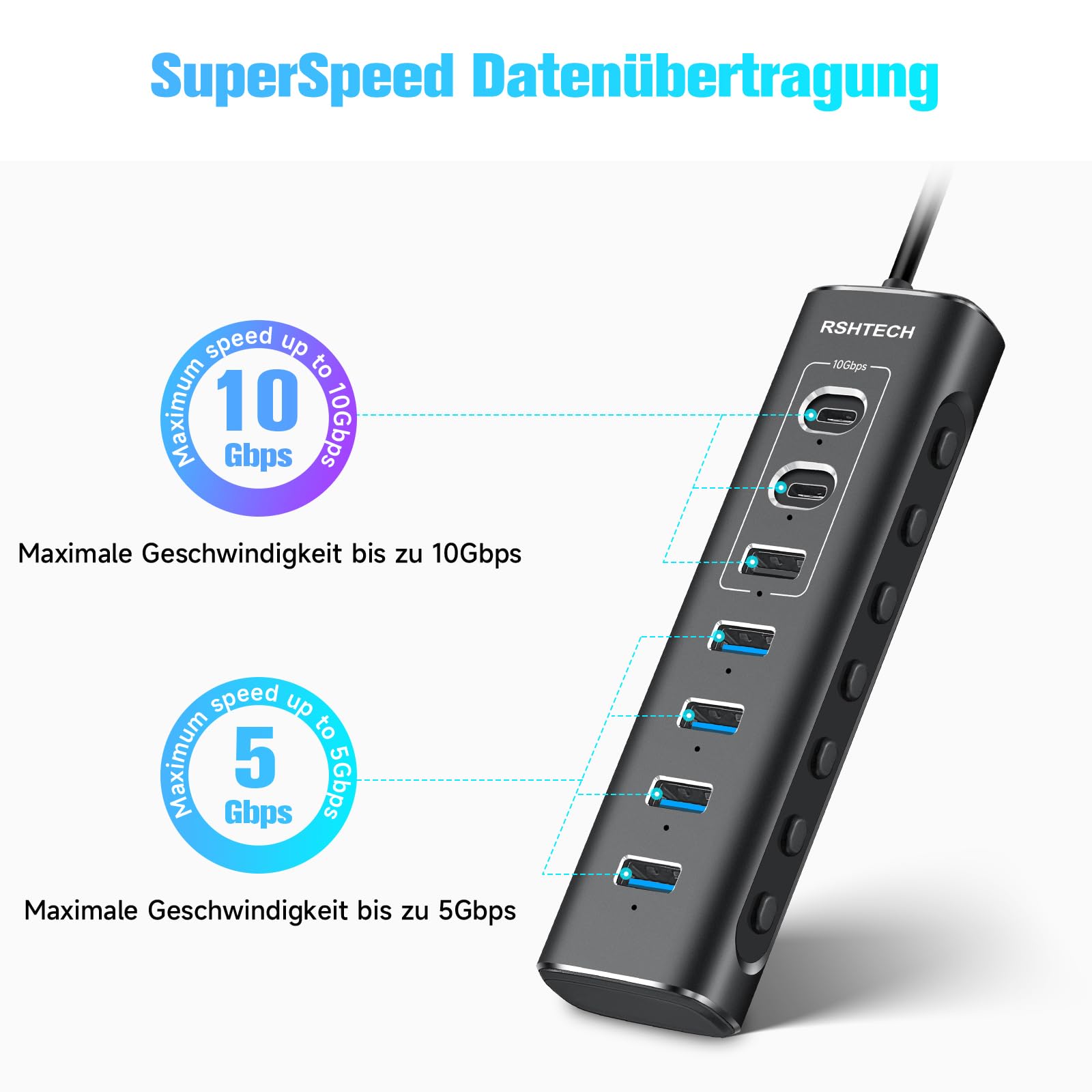 RSHTECH 7 Port Hub USB Alimenté, Aluminium Hub USB 3.2/USB C, RSH-A107C | avec 10Gbps USB-A 3.2, 2 USB-C 3.2, 4*5Gbps Port USB 3.0, 1m de Câble de Données, Alimentation 24W USB C Hub