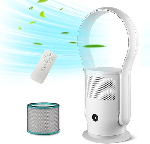 Ventilador de torre sin aspas con filtro HEPA, ventilador oscilante sin aspas de 80 con control remoto, 9 velocidades, temporizador de 8 horas,