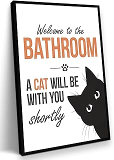 Wood Framed Funny Cat Bathroom Wall Art, Black Cat Canvas Wall Decor Paintings, Welcome To The Bathroom A Cats Will Be With You Shortly Posters Prints Pictures for Toilet Home Decor 12x16 Inch