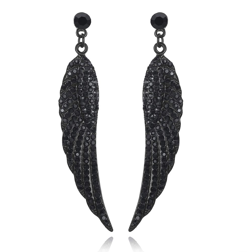 mecresh Vintage Floral Teardrop Butterfly Wing Black Austrian Crystal Drop Dangle Earrings for Women Bride Gift
