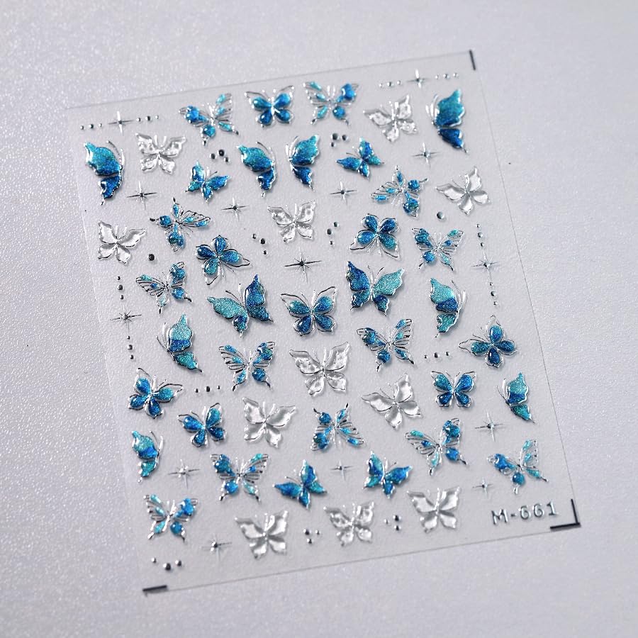 2 hojas de pegatinas para uñas, decoración de mariposas, pegatinas autoadhesivas con diseño en relieve 5D, pegatinas brillantes para uñas para niños, niñas, mujeres (estrella azul)