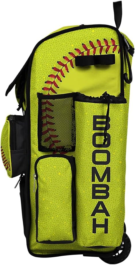 Boombah Rolling Superpack 2.0 Baseball/Softball Gear Bag - 23-1/2" x 13-1/2" x 9-1/2" - Softball 2.0 Optic Yellow/Red/Black - Telescopic Handle - Holds 4 Bats - Wheeled Version