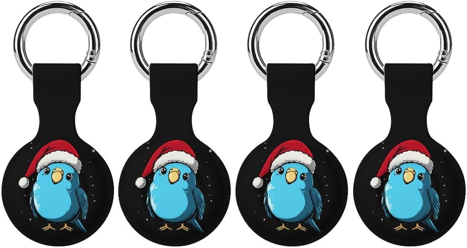 Christmas Blue Budgie Bird Case Compatible with AirTag Holder Cover with Keychain Ring for Bags Luggages