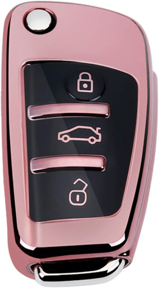 MissBlue Soft Car Key Fob Cover for Audi A1 A3 A4 A6 A8 Quattro Q2 Q3 Q7 R8 RS3 RS6 S3 S6 TT TTS Car Remote Key Case Protector Glossy TPU - Pink - Metal Keychain
