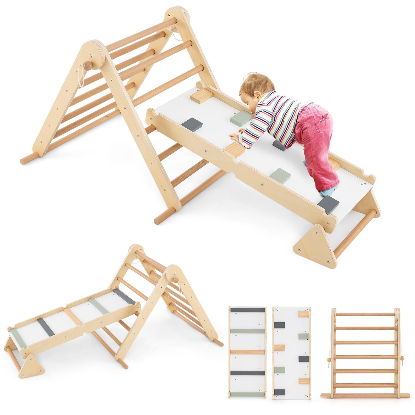 FANTASK 3 in 1 Kletterspielzeug Indoor, Sprossendreieck Holz, Kletterdreieck Set für Kinder ab 3 Jahren, 115 x 69 x 59 cm, Natur
