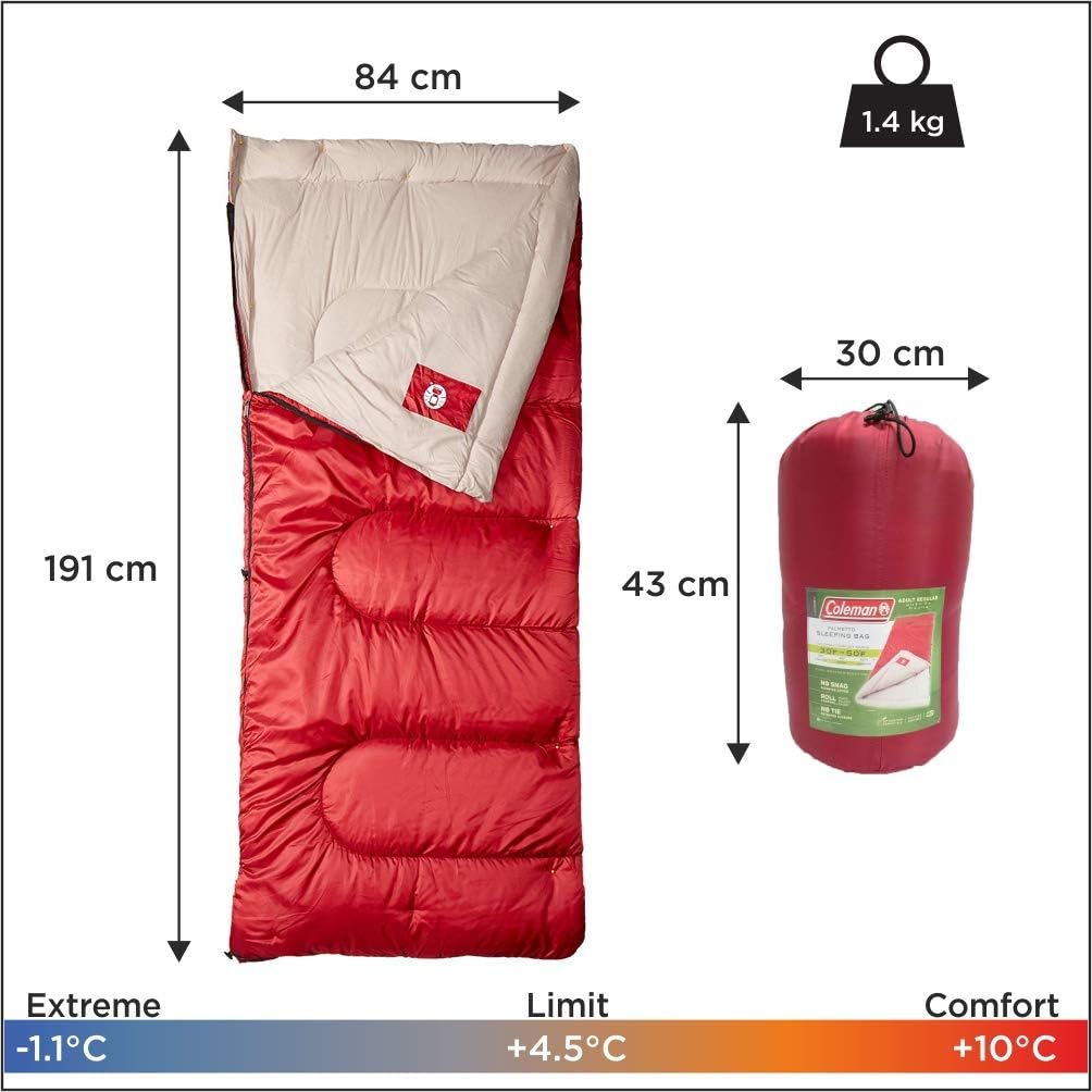 Coleman Sleeping Bag | 30°F Palmetto Sleeping Bag | Cool Weather Sleeping Bag , Red : Sports & Outdoors
