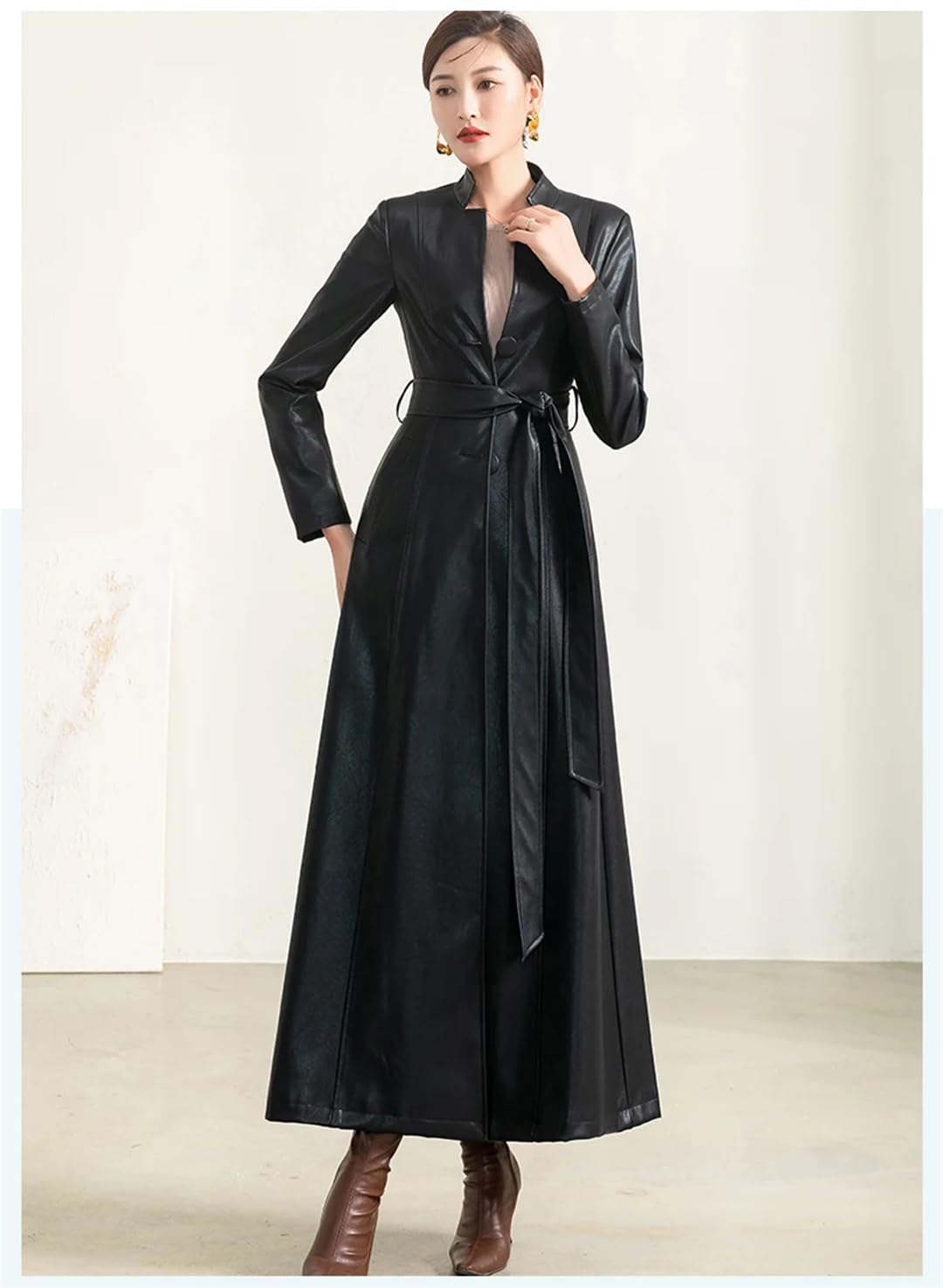 Damen-Mantel für Frühling, Herbst, langärmelig, einreihig, lang, schwarz, Kunstleder, mit Gürtel