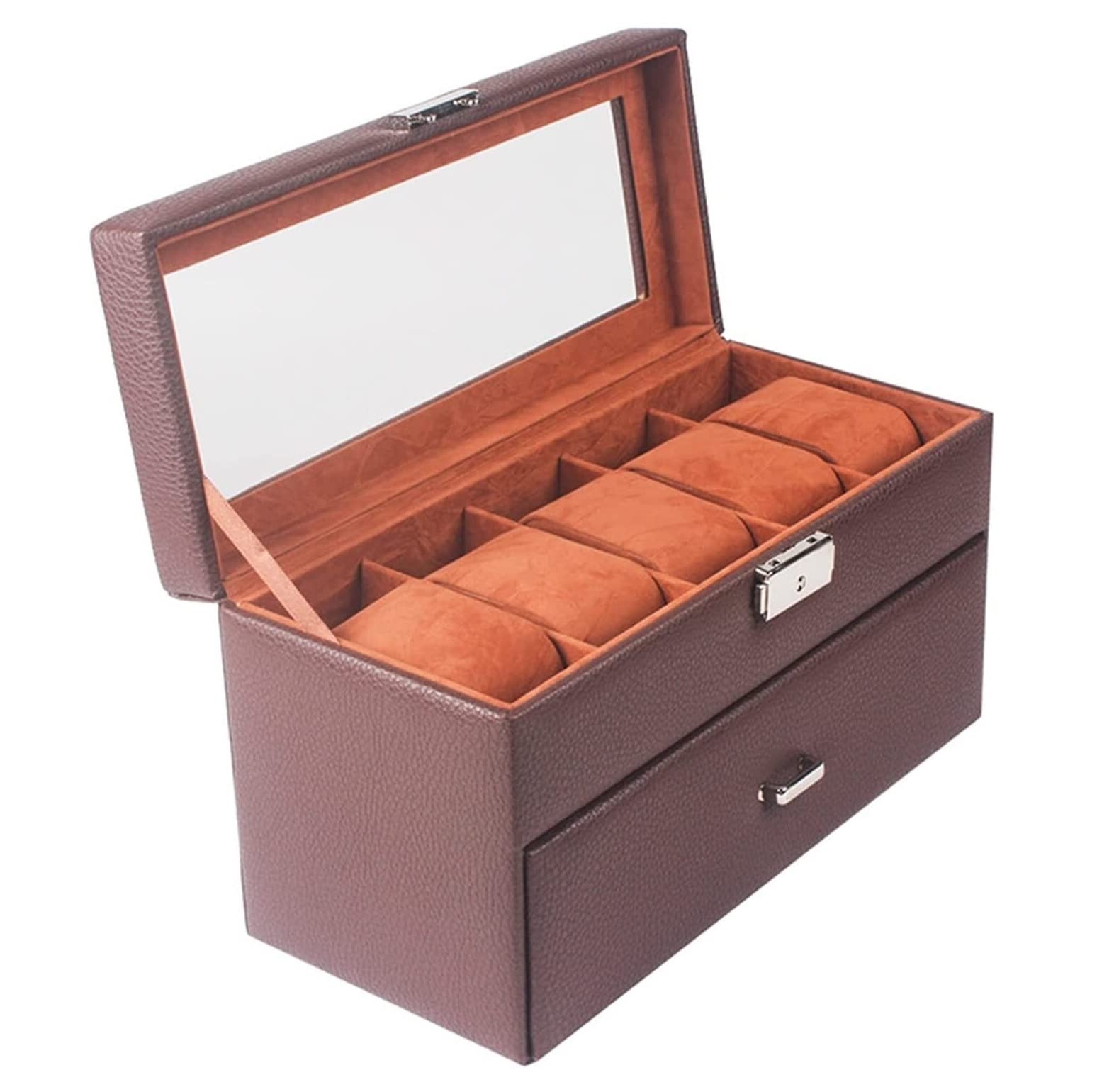Uhrenbox, exquisiter Uhrenbox-Organizer mit 2 Ebenen und 10 Fächern, mit Schublade und Glasdisplay, abschließbarem Uhrengehäuse, Uhrenaufbewahrungsbox Safehappy