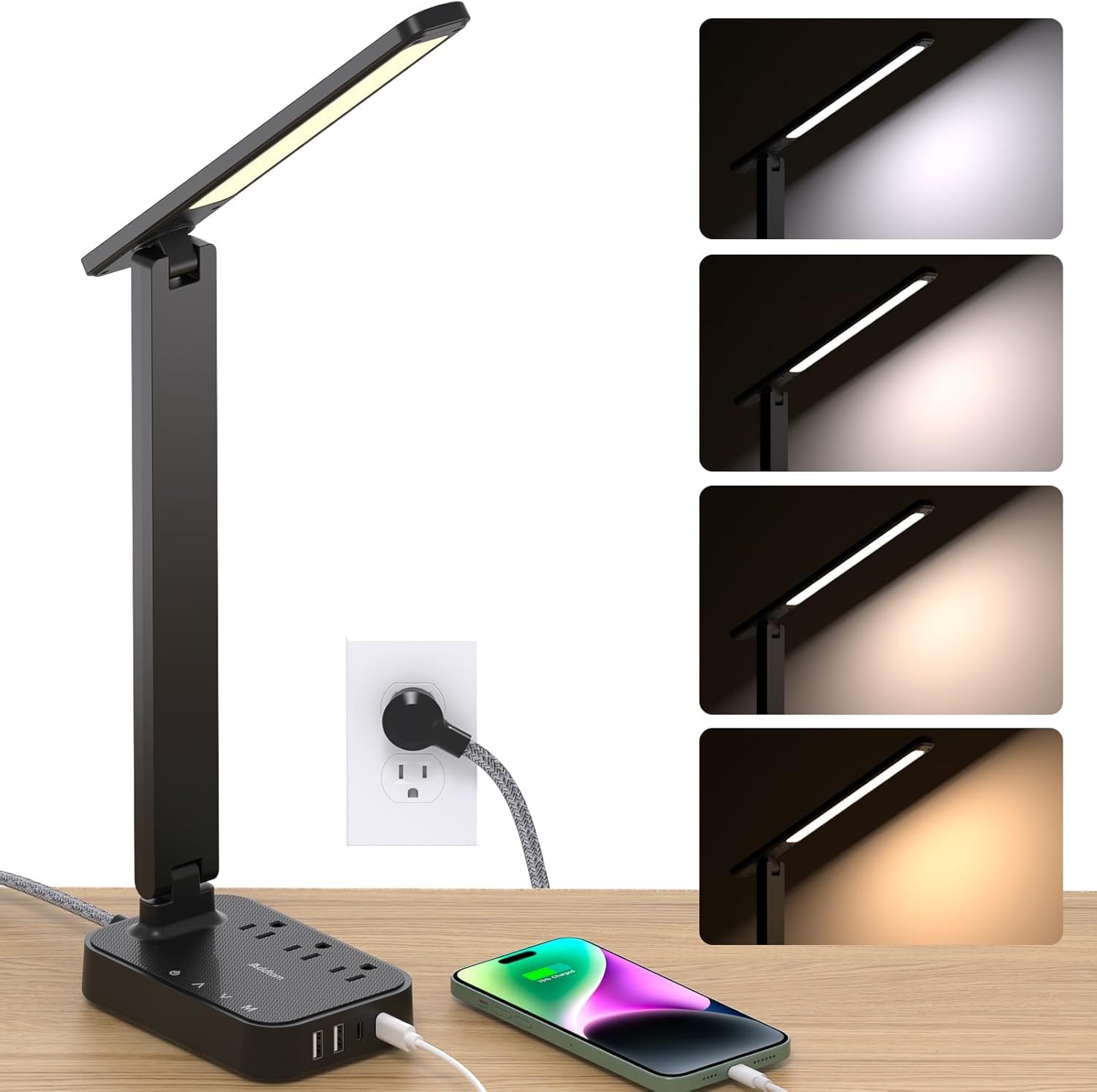 LED Desk Lamp, Power Bar with 3 Outlets 4 USB Charging Ports(2 USBC), 4 Modes 5 Level Brightness Touch Lamp, Home Office College Dorm Room Essentials, Black
