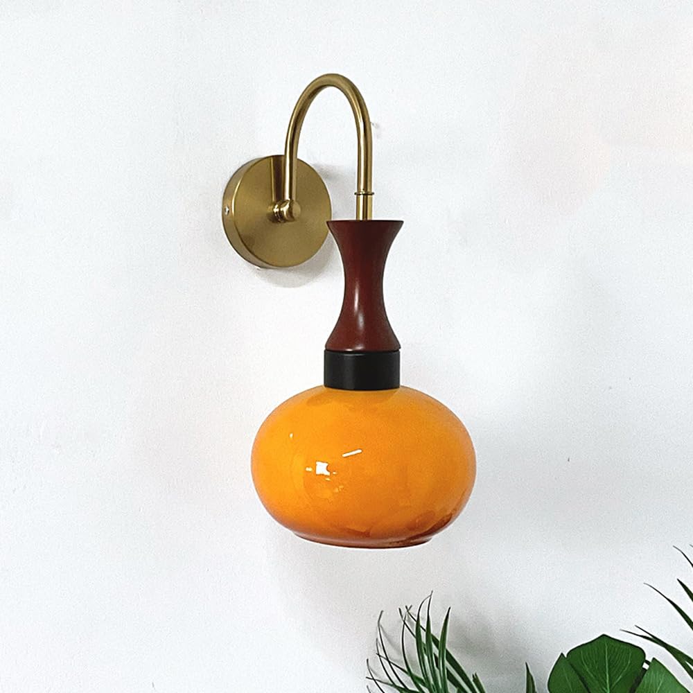 ITOSUI Mid Century Orange Glass Wall Sconce - Vintage Gold Mounted Light Chrome Gooseneck Arm for Bedroom, Kitchen, Dining Room, and Living(Gold)