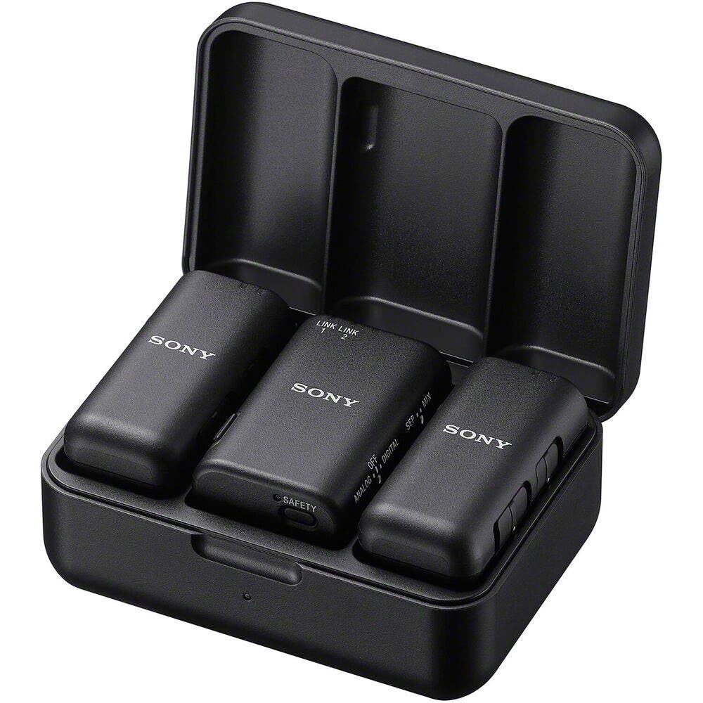 Sony ECM-W3 Sistema de micrófono inalámbrico (2 Transmisores + 1 Receptor + Estuche de Carga), Alcance 150 m, hasta 6 H de grabación, Ideal para entrevistas y Vlogs