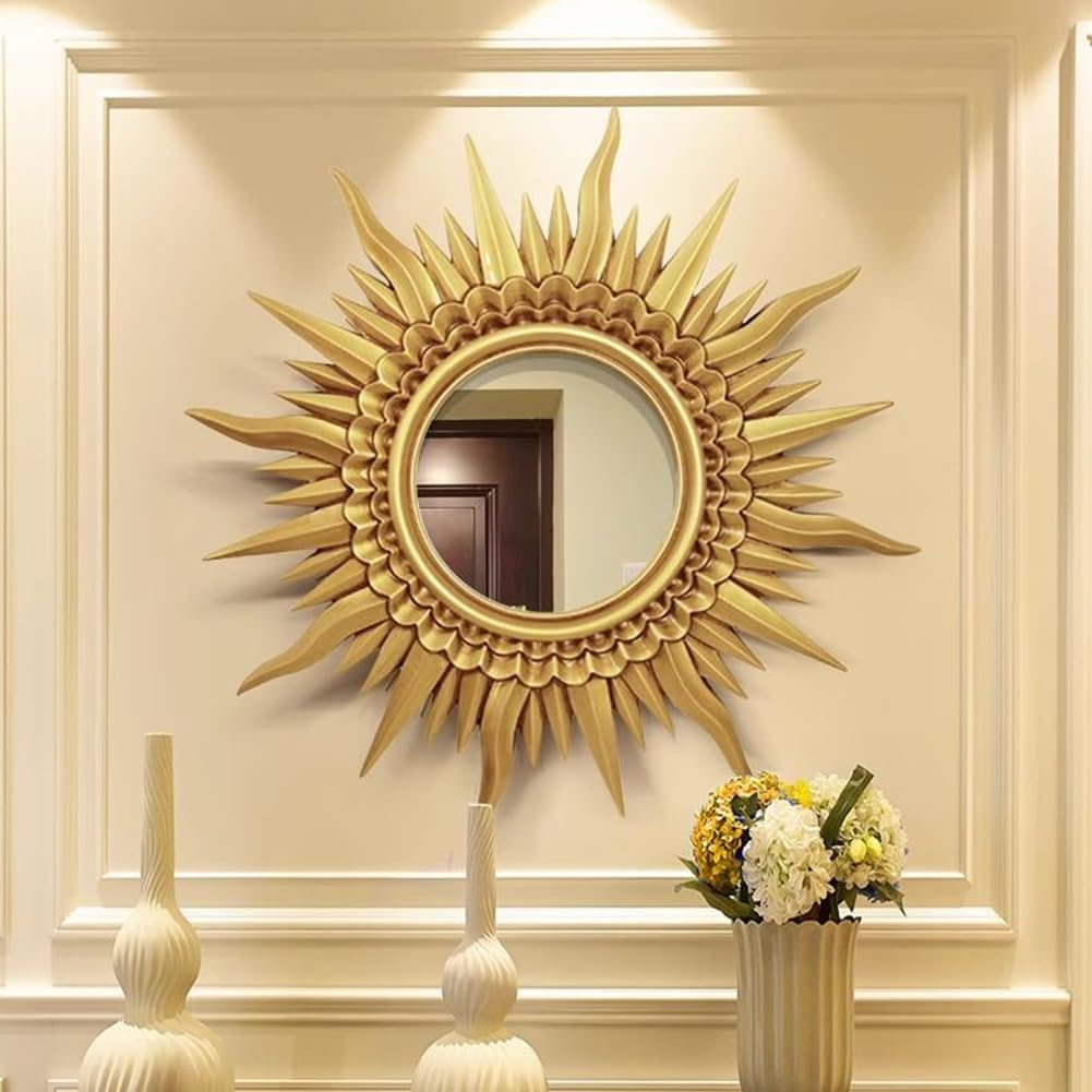 Antyczne Złote Lustro Ścienne, Okrągłe Lustra Sunburst Lustro Wiszące do Łazienki Sypialnia Pokój Dzienny Ozdobne Dekoracje w Stylu Vintage(70cm/28in)