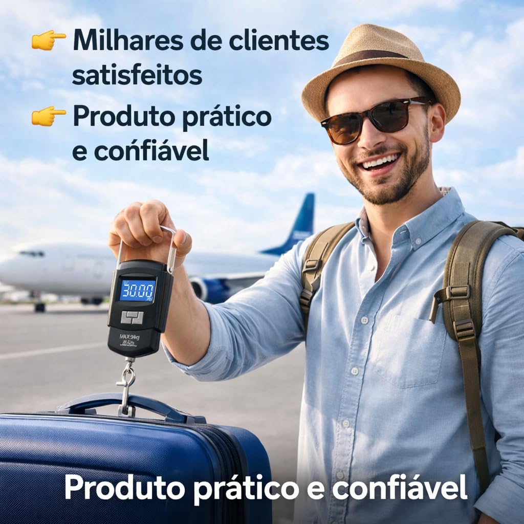 Balança Digital Portátil de Mão 50kg Alta Precisão com Visor LCD Grande e Alça Reforçada – Ideal para Bagagem, Mala, Viagem, Aeroporto, Pesca, Sacolas e Uso Doméstico Compacta, Resistente e Premium