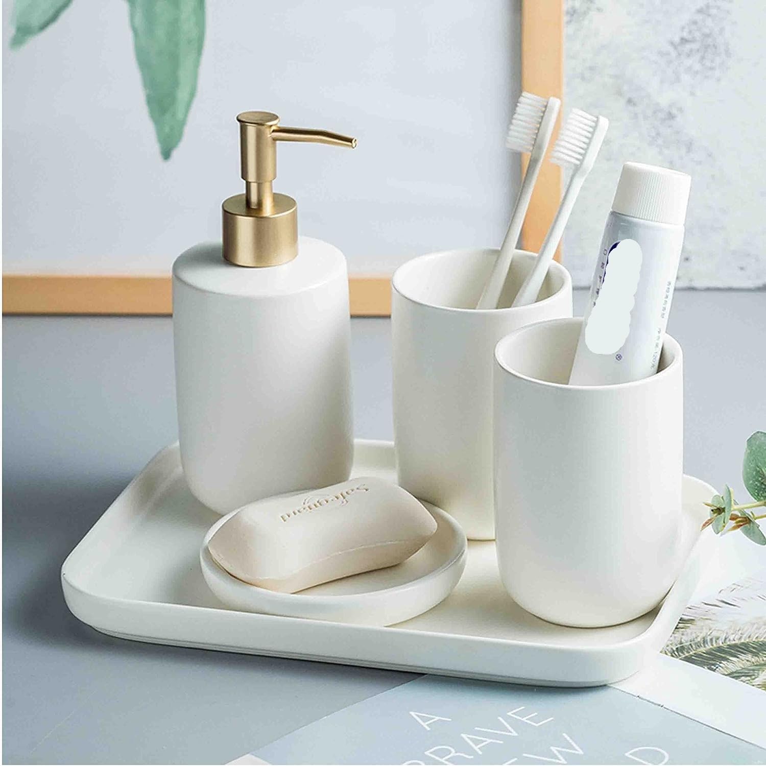 HHDHHD Dispensador de jabón de cerámica con Bandeja (380 ml), dispensador de loción Recargable, Organizador de baño Multiusos (Negro/Blanco)(White)