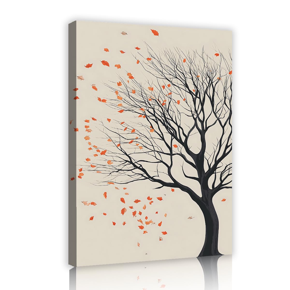 TOANGWALL Minimalist Autumn Tree Framed Canvas Artwork Modern Bare Branches Blowing Orange Leaves Picture Gallery Wrapped Printed Poster for Living Room Office Decor 75x115cm