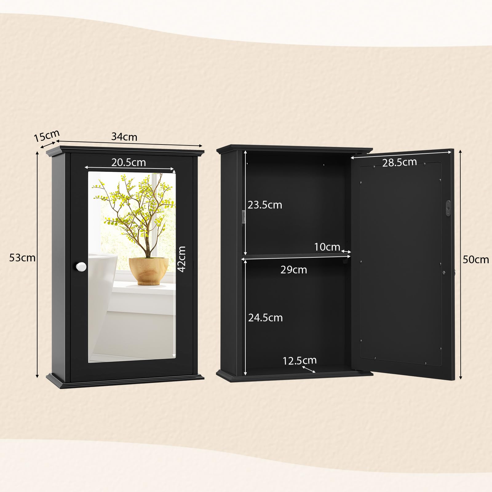 LIFEZEAL Mobiletto Bagno Salvaspazio con Specchio da Parete, Armadietto, Mobile, Amadio, Pensile Bagno Sospeso da Muro, Apertura Bidirezionale, con 2 Ripiani, Moderno, Salvaspazio, 34x15x53cm, Nero