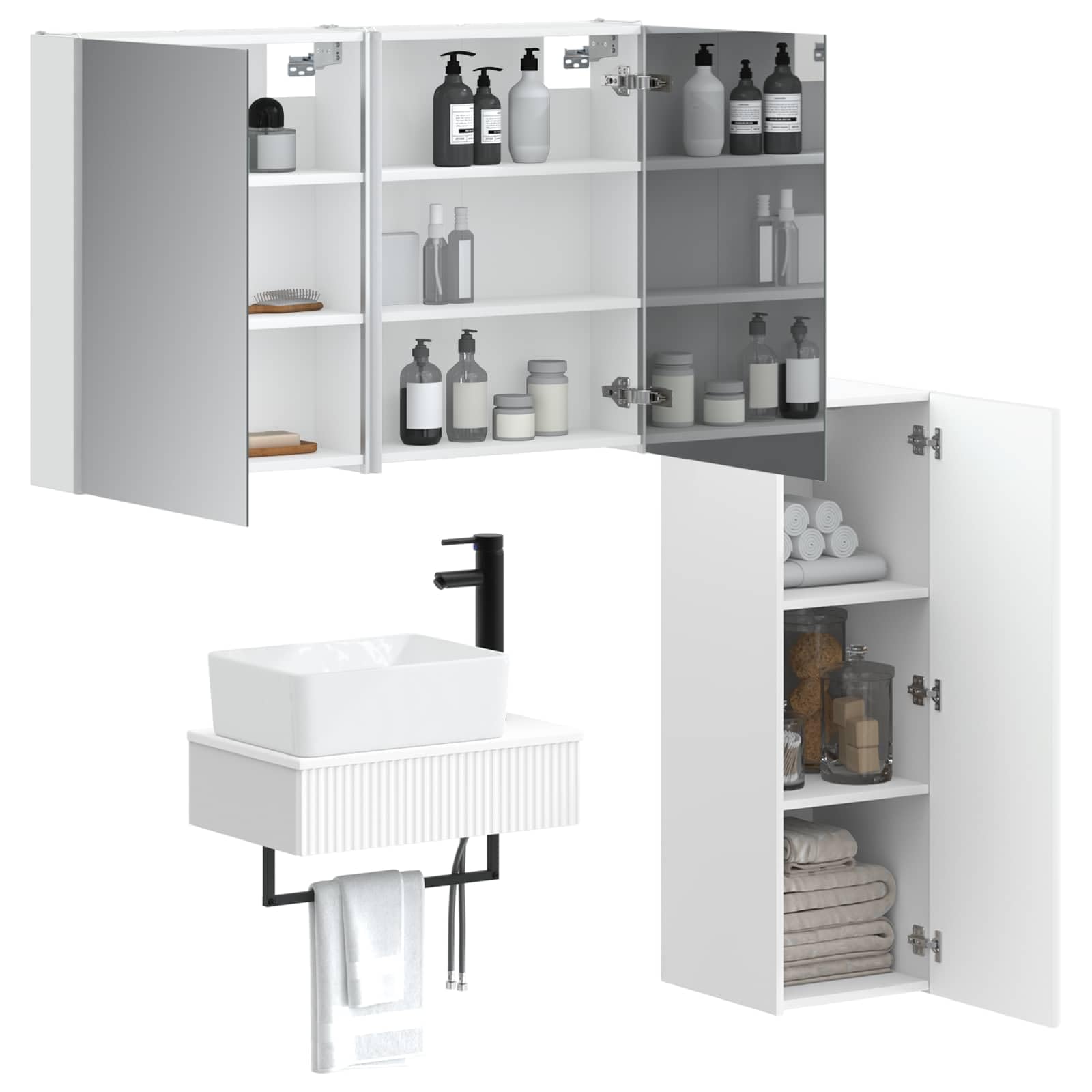 Juego de 4 muebles de baño de madera y cristal, color blanco, montaje en pared, con iluminación LED, espacio de almacenamiento, espejo de doble cara, fuente de alimentación USB