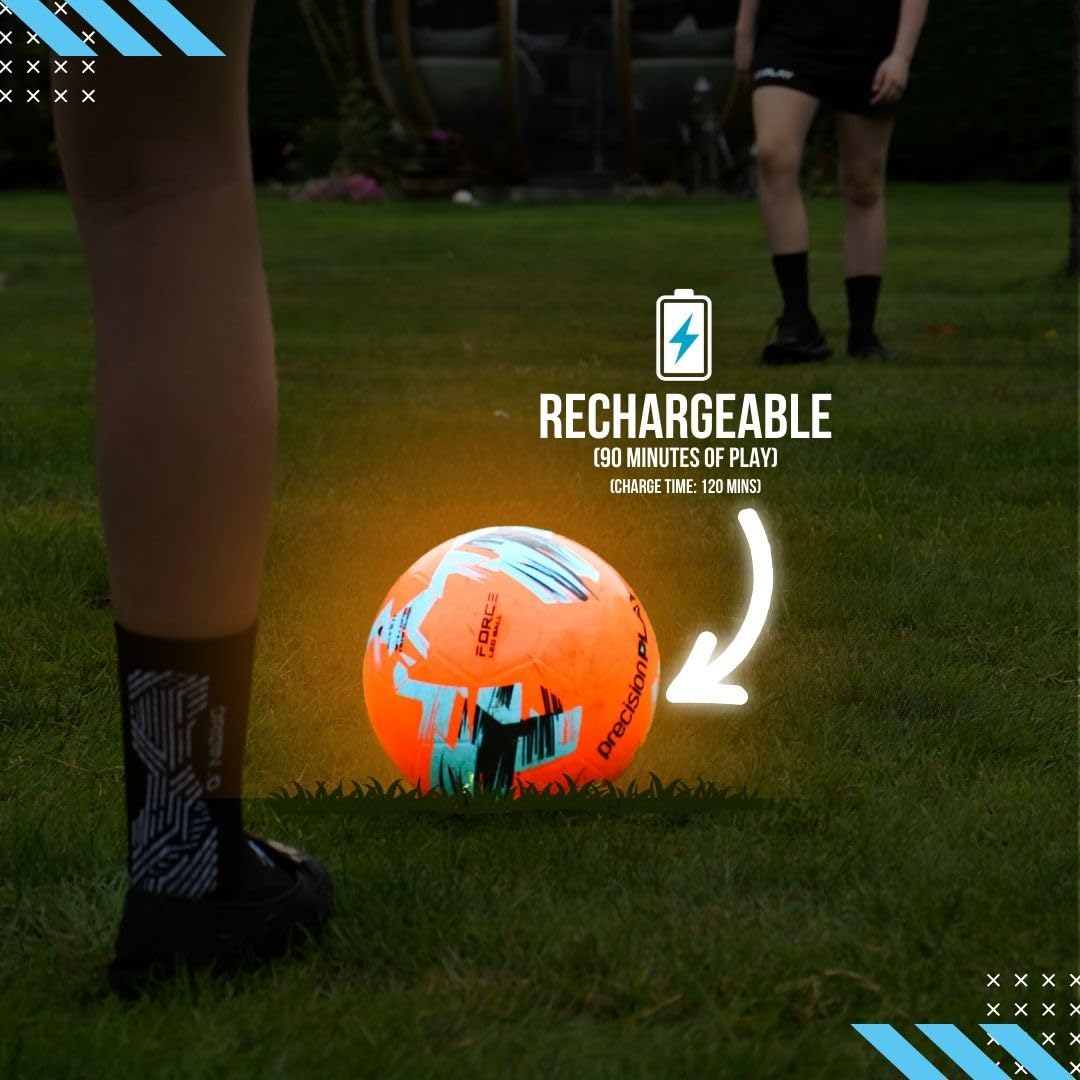 Precision Play Force - Balón de fútbol con luz LED, Brilla en la Oscuridad, Recargable y Resistente al Agua, Naranja Fluorescente, construcción de Goma Duradera, tamaño 5