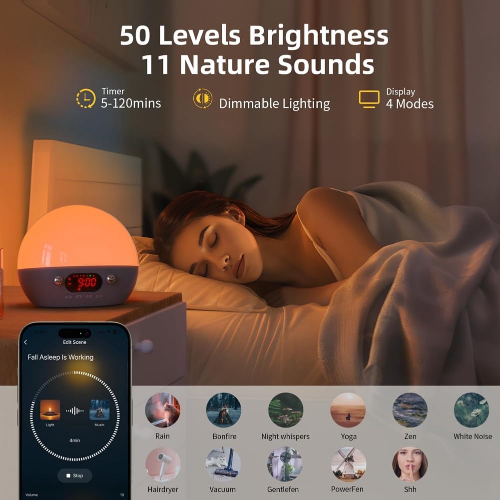Despertador de Amanecer Altavoz Bluetooth para Dormitorio 11 Máquina de Sonido de Ruido, Luz de Noche de Atardecer Luz de Despertador para Niños