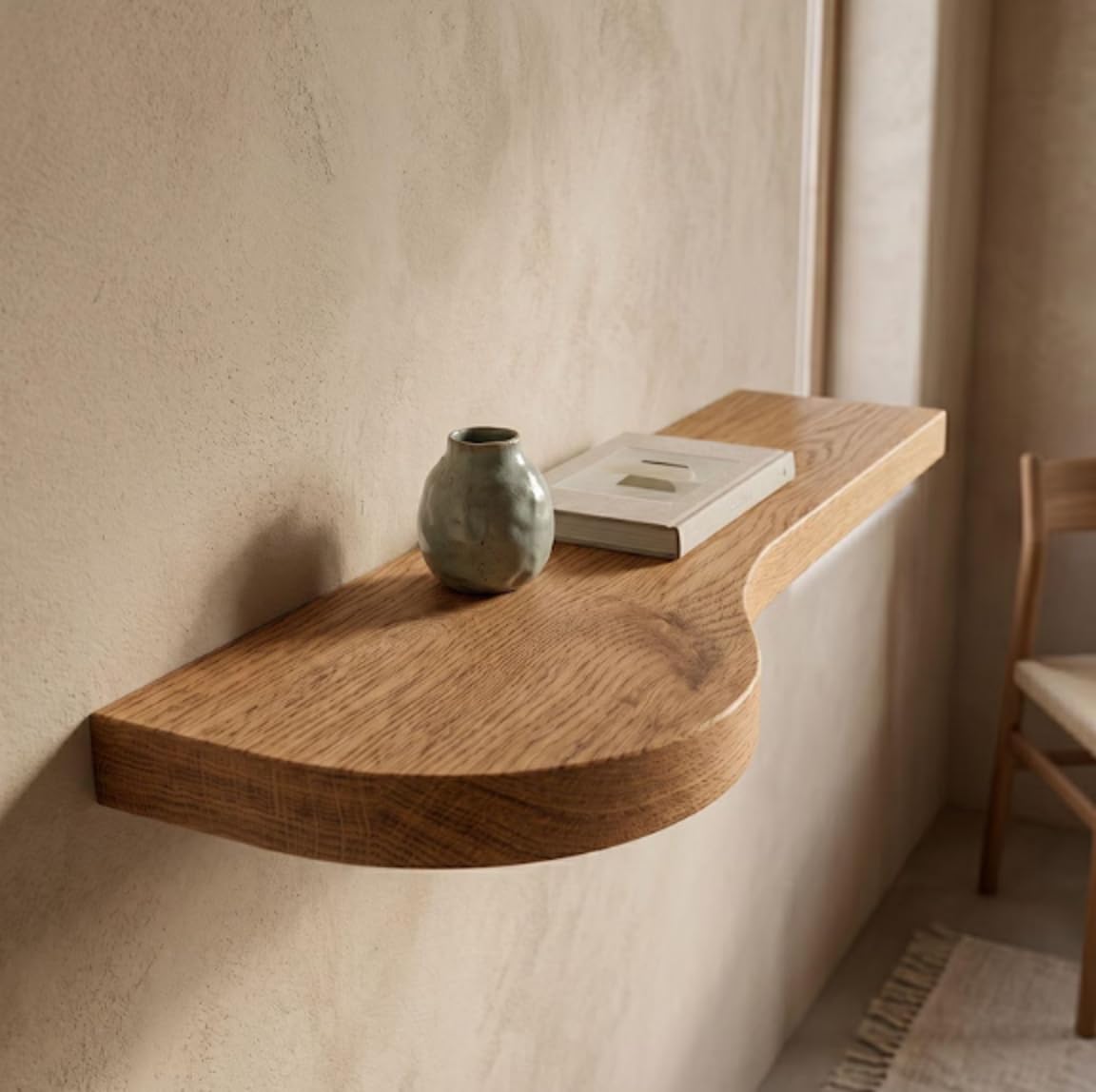 Handmade Curved Oak Floating Shelf, Sculptural Wall Shelf, Solid Wood Japandi Shelf, Minimalist Scandinavian Home Decor 16"X10"1" Inch Color Brown-image-12