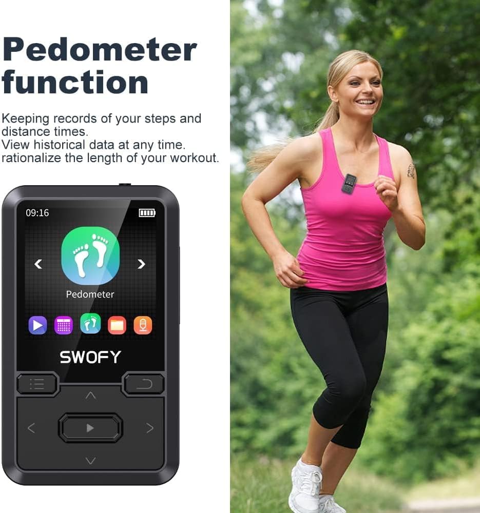 SWOFY Lettore MP3 Bluetooth 5.0 con clip sportiva, mini lettore musicale portatile da 32 GB, con cuffie, radio FM, contapassi, registrazione vocale, supporta scheda SD fino a 128 GB (nero)