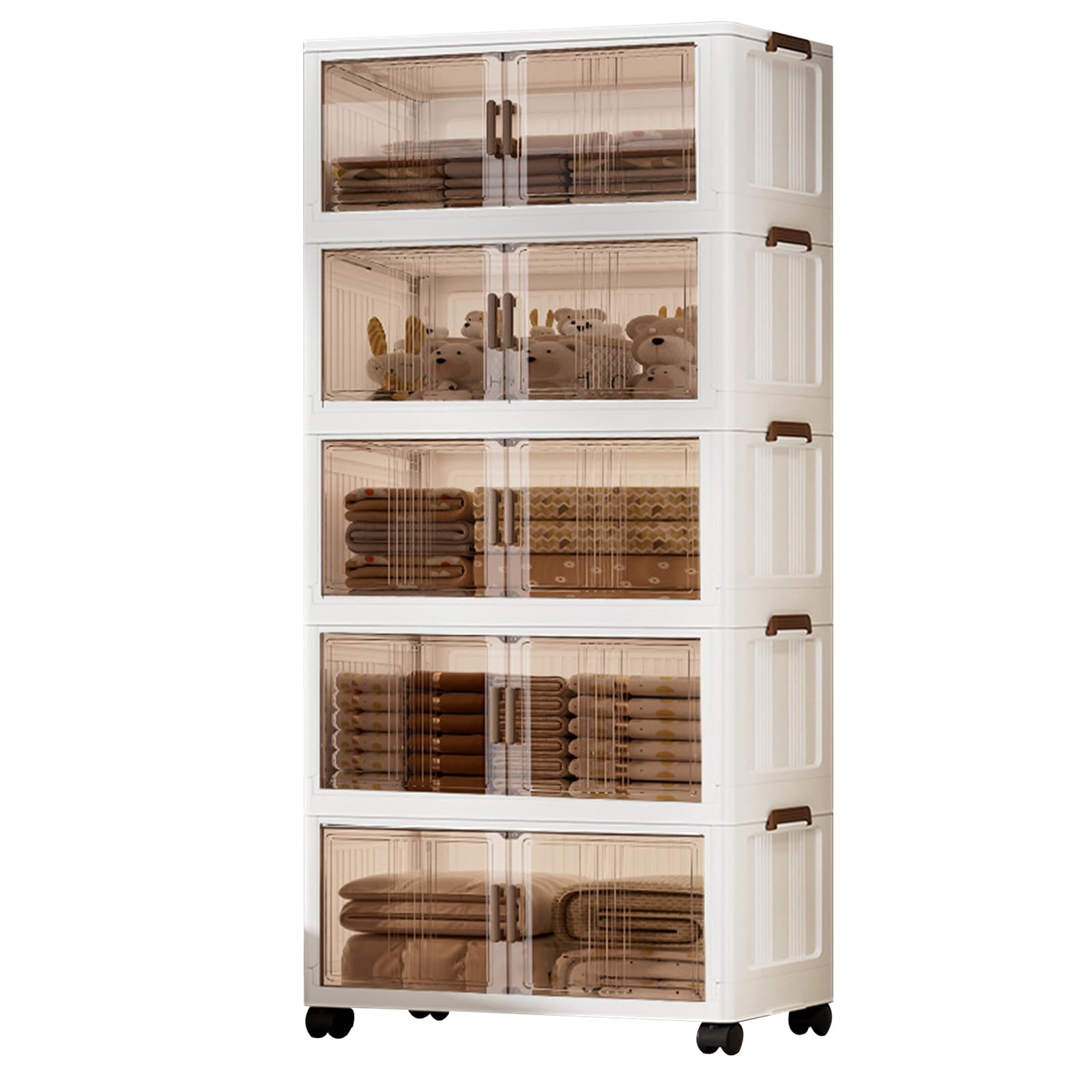 SH-RuiDu 5-Tier Plastic Storage Cabinet, 55cm Wide Collapsible Cabinet Stackable Storage Containers with Magnetic Clear Doors & Wheels for Living Room, Bedroom, Kitchen, Laundry Room