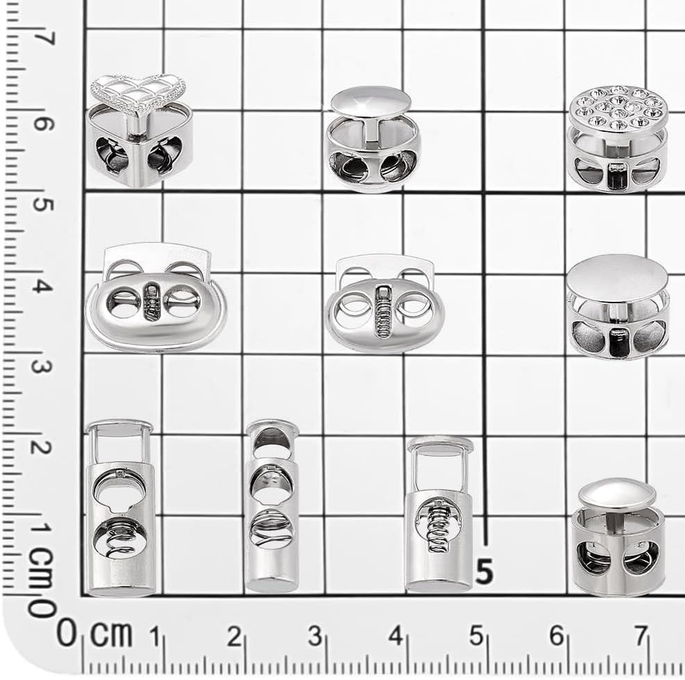 PH PandaHall 40pcs 10 Styles Toggle Stoppers Alloy Cord Lock Draw String Clip Cord Stopper Tightener Goodie String Lock for Shoelaces Lanyard Fasterner Clothes Hat Making DIY Crafts 0.5~0.9 Inch