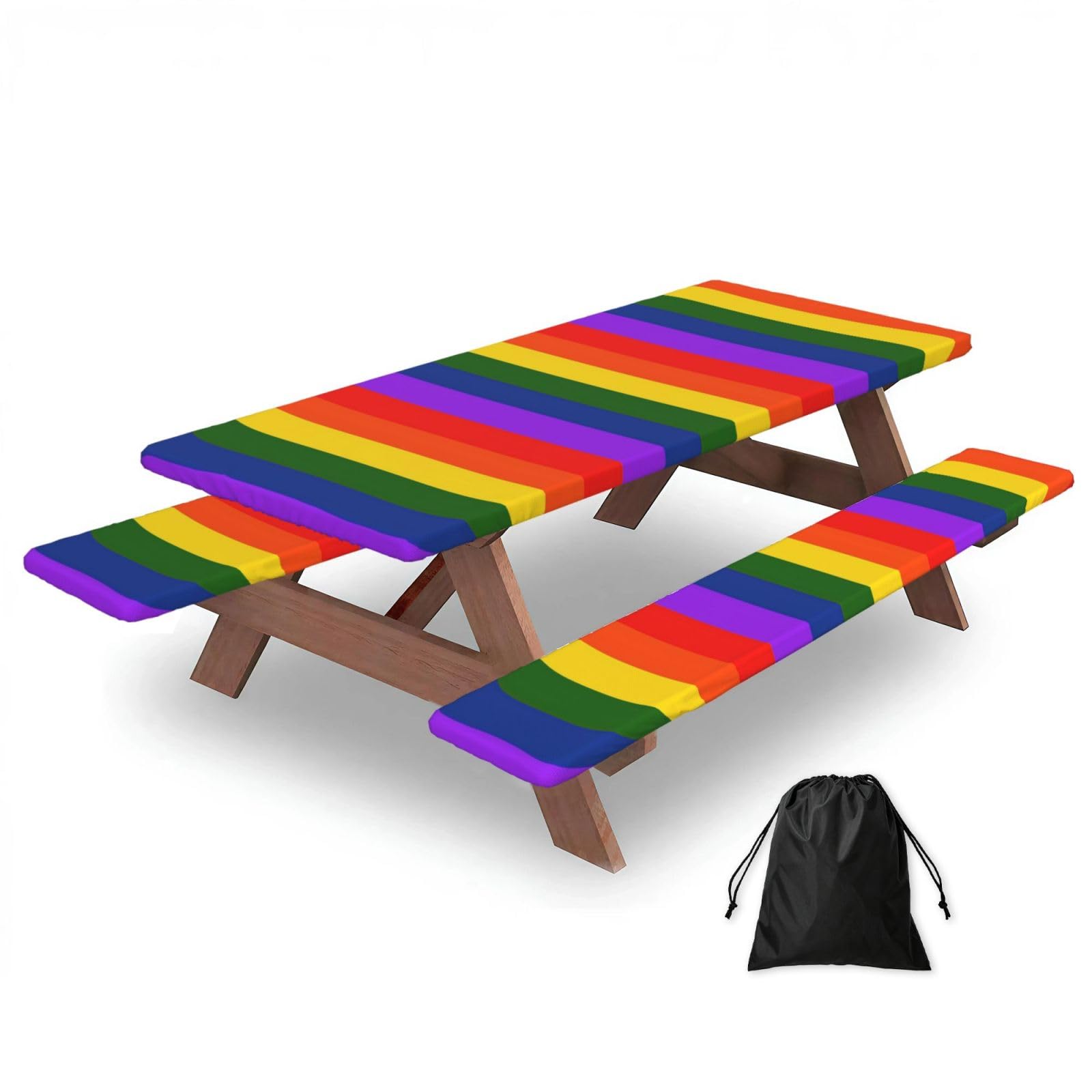 Zyjhyy Black Rainbow Flag Print Party Table Covers With Bench Covers Set Of 3 Picnic Table Cloth Wipe Clean For Garden Camping