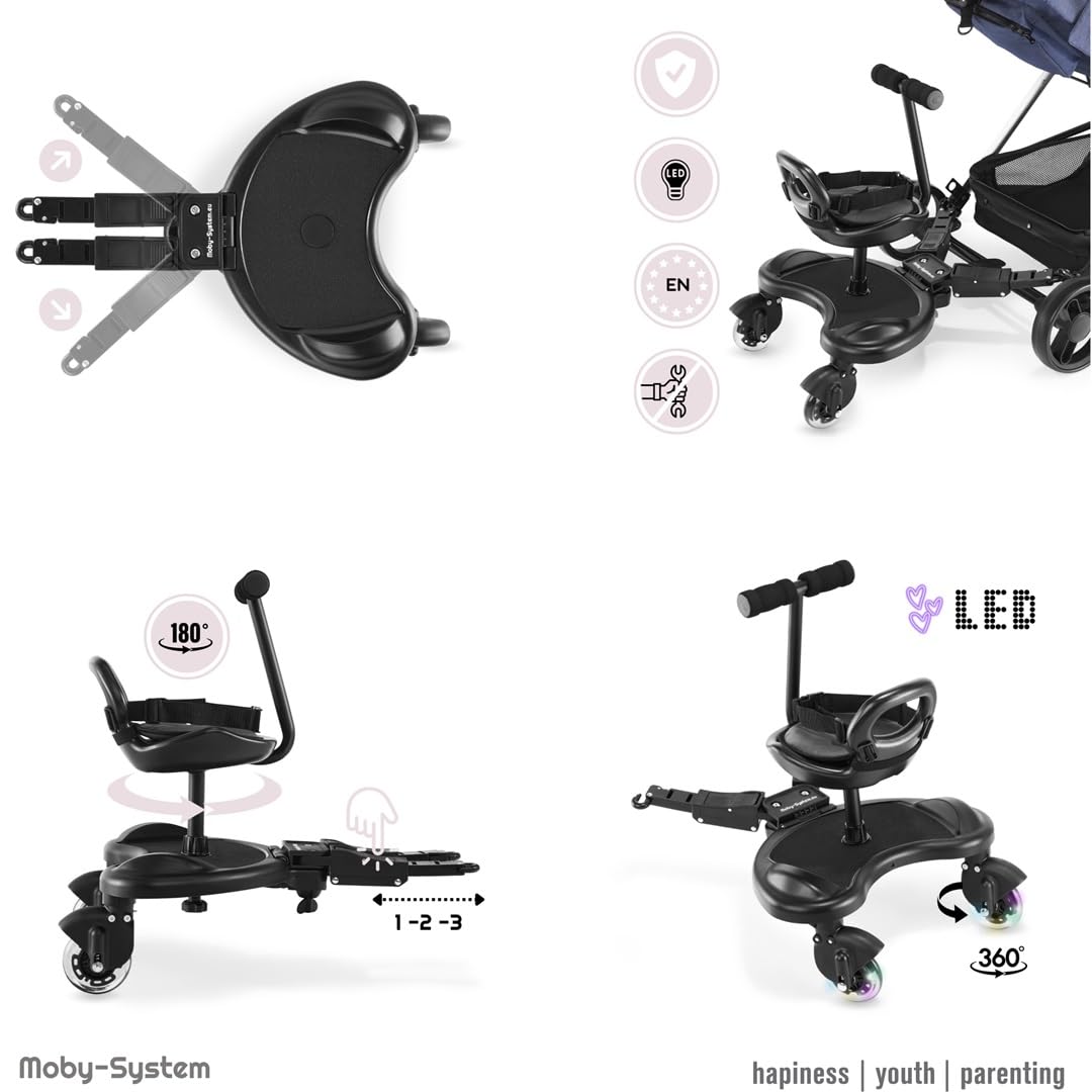 Moby-System, Board mit Sitz für Rollstühle mit Sitz Universelle Plattform für ältere Kinder, Leuchtende LED-Räder mit Stoßdämpfung passend für jeden Kinderwagen