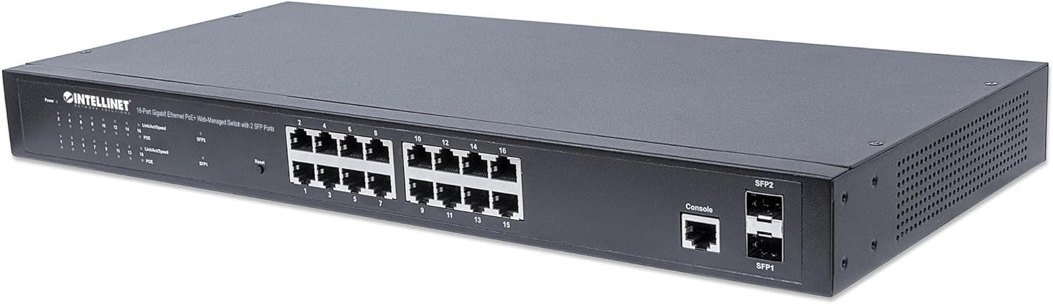 Intellinet 16 Port Gigabit Managed PoE Switch - POE Power Budget of 374W, 2 SFP Slots, Self-Healing, IPv4/v6, 19" Rackmount –3 Yr Mfg Warranty-561198