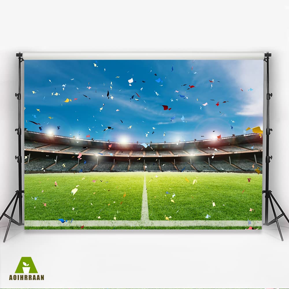 Aoihrraan 3,5x2,5m Calcio Campo Sfondo Calcio Corte Paillettes Faretti Stadio Partita Fotografia Sfondo Sport Tema Festa Arredamento Banner Ragazzi Compleanno Video Ritratto Foto Studio Prop