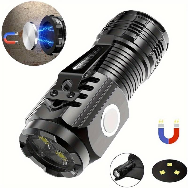 Image of Small Powerful Portable Clip Flashlight, Waterproof Mini Three-Eye LED Searchlight, High-Lumen Built-in Lithium Battery, Strong Magnetic Metal Surface, Suitable for Camping, Hiking, Emergency