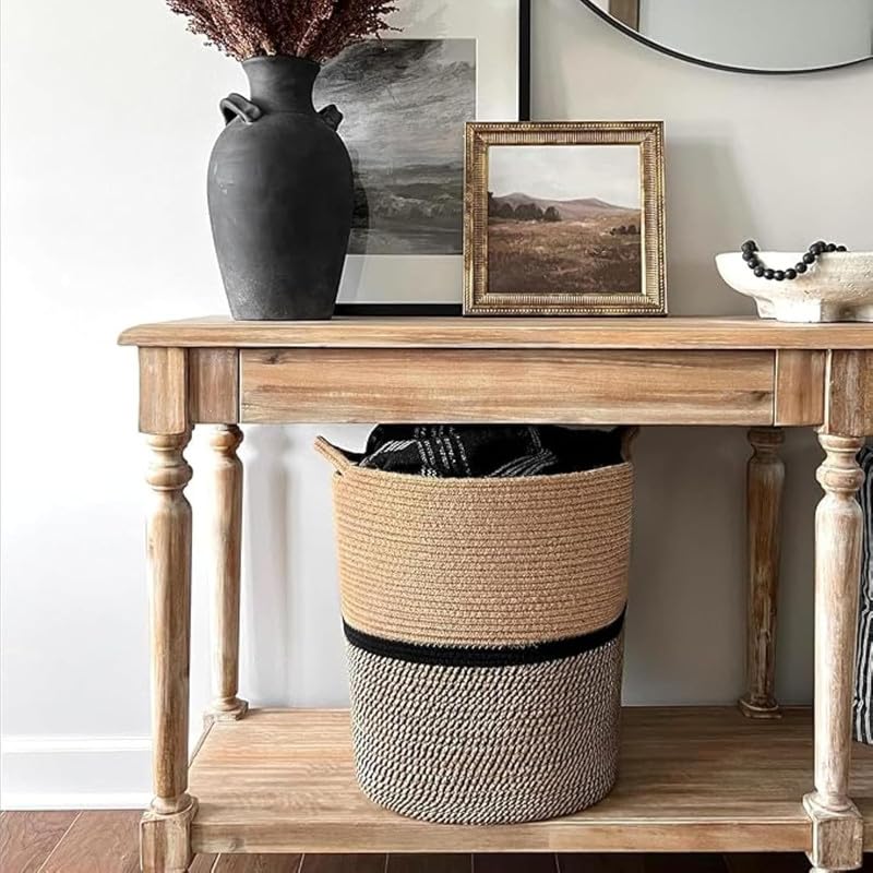 Image of Large Basket Natural Cotton Rope Storage Basket and Hamper for Cloths and Multi Usage in Living Room, Bedroom, Laundry Room (Size - 15 inch x 15 inch x 18 inch) (Beige Black Line)