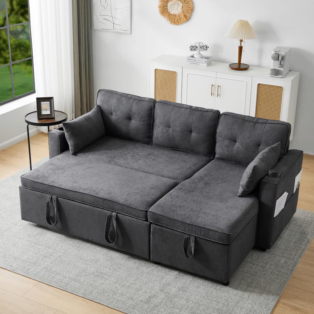 Sofá cama 3 plazas, sofá cama con función de sueño, sofá cama de una plaza y media en L, sillón salón con almacenamiento, con portavasos