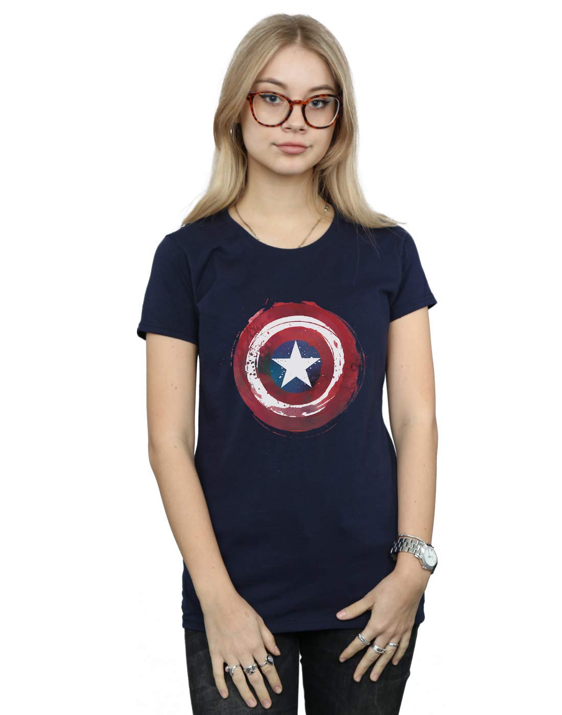 Absolute Cult Women's Navy Blue Marvel Captain America Splatter Shield T-Shirt Large