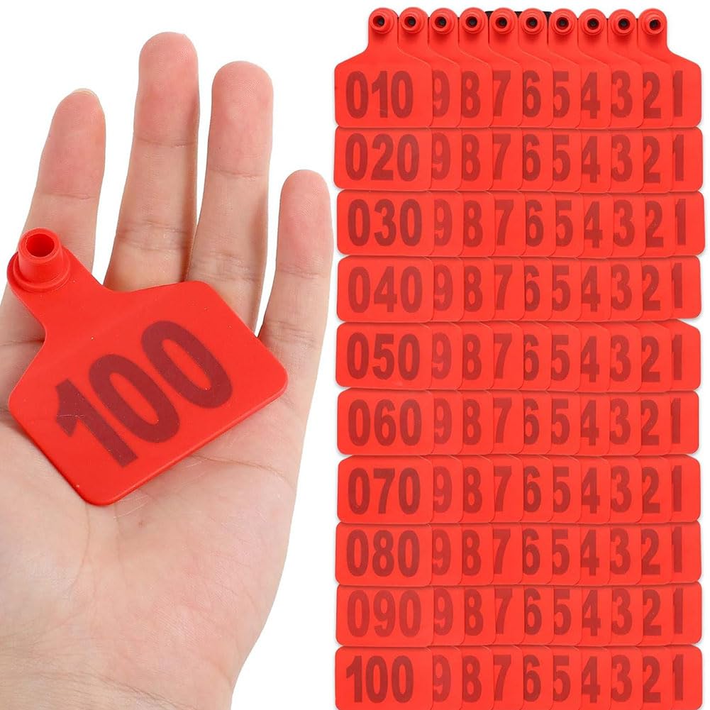 Plastikowe nauszniki dla bydła, etykiety do uszu dla bydła z numerami 001-2000 wielokolorowych dla bydła, kóz, świń, owiec opakowanie 100 szt. (czerwony, 1201-1300)