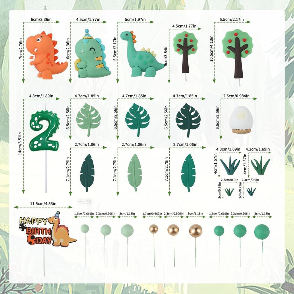 Dinosaur Cake Topper Set 27 Pcs for 2nd Birthday - Includes #2 Dino Candle, 3Pcs 3D Dino Figures, Trees, Leaves, Grass, Balls, Happy Brithday Sign - Dino Cake Decoration Set