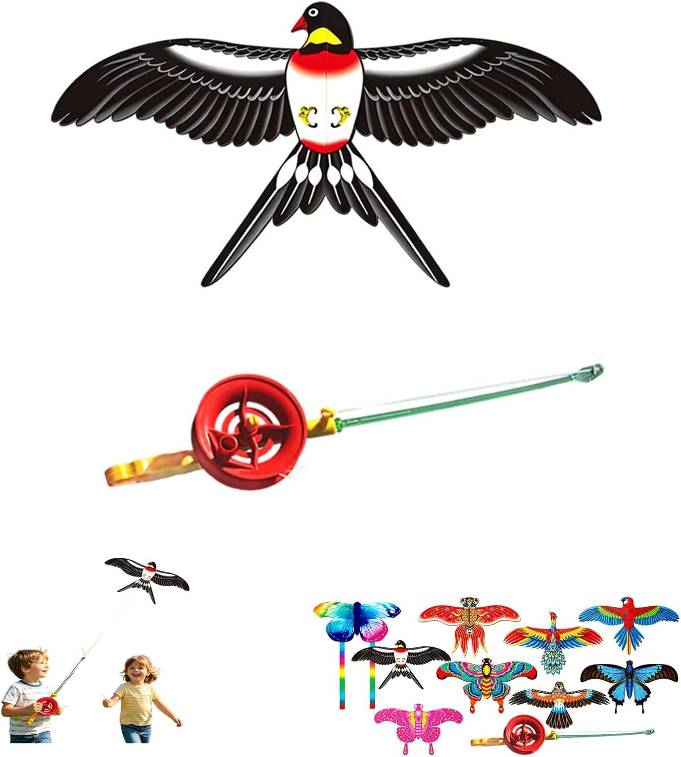 Fishing Poles Kite, Beach Toys, Angling Themed Flying Toy, Dynamic Wing Kites with Fishing Rod Line, Dynamic Winds Flying Toys for Outdoor, Beach Kite for Family Outdoor Activities (Black)
