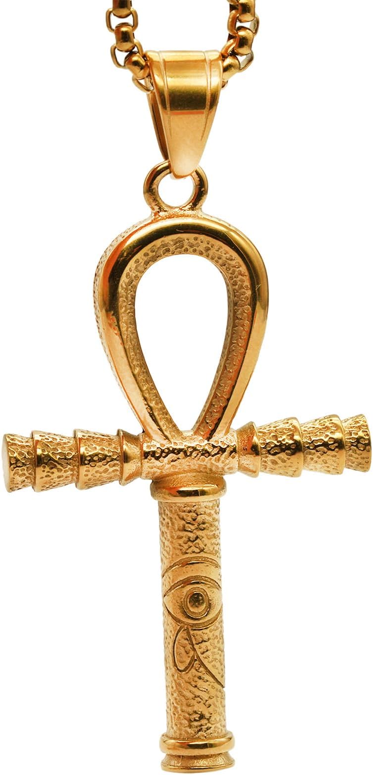 Egyptian Amulet Ankh Cross Eye Of Horus Pendant Necklace Stainless Steel Gold Plated Jewelry Gifts for Men Women with 24 Inch Chain
