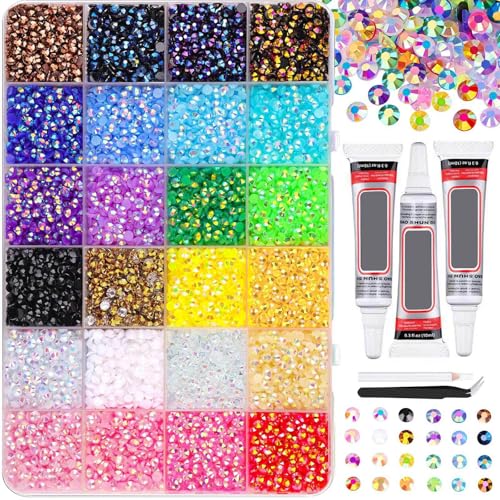 24 Farben Glitzersteine Bedazzling Kit with Glue 20000 Stück Flachrhinsteine Bedazzler Set für Nägel Nail Charms & Basteln Glitzersteine zum Basteln DIY Deko Strasssteine für Diamond Painting